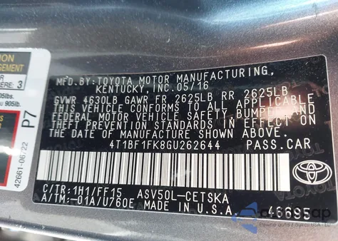 2016 Toyota Camry Se из США, поврежденный, VIN 4T1BF1FK8GU262644